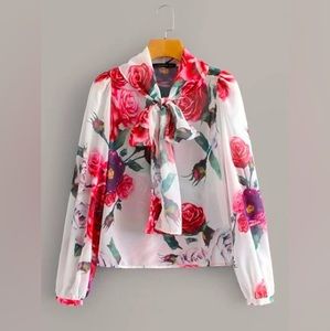 Shein Tie Neck Floral Print Chiffon Blouse
